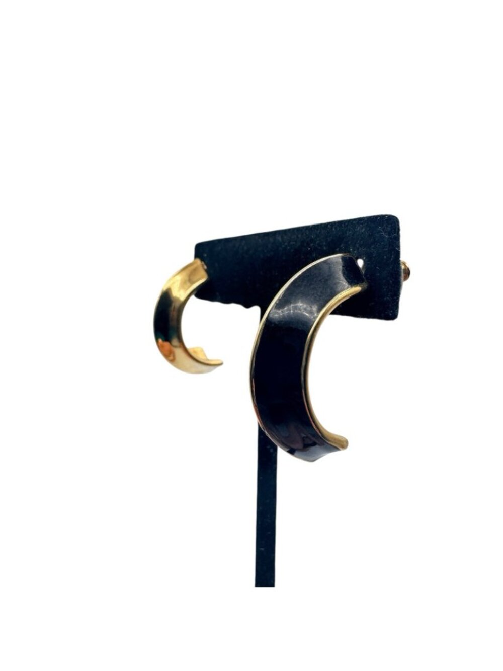 Vintage Monet Black and Gold Enamel Pierced Earrings Half Hoop Statement Chunky - Picture 12 of 12